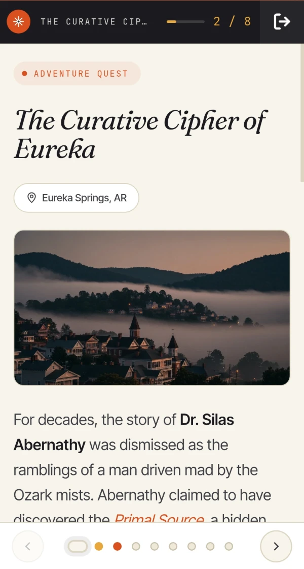 A Cryptic Quests adventure on a phone screen, showing the chapter view of 'The Curative Cipher of Eureka' set in Eureka Springs, Arkansas.