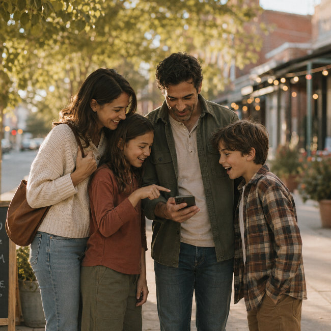 A family clustered around a phone discovering the next clue on a Cryptic Quests adventure